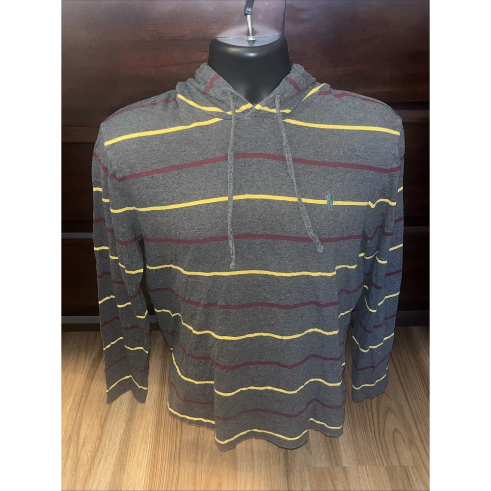Polo Ralph Lauren Hoodie Gray Striped Pullover Lightweight Men Size Medium